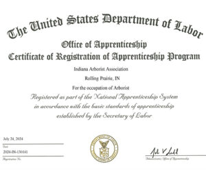 Indiana Arborist Association Apprenticeship Program certificate.