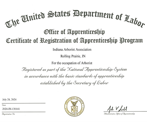 Indiana Arborist Association Apprenticeship Program certificate.