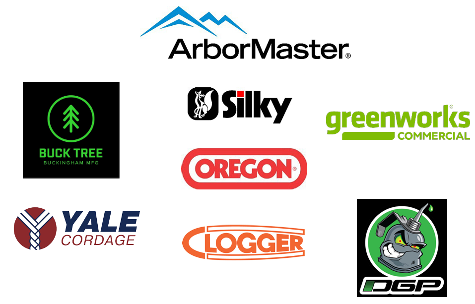 Logos of ArborMaster, Buck Tree Buckingham MFG, Silky, Greenworks Commercial, Oregon, Marlow, DGP